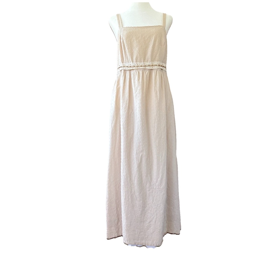 Coquette Midi Sun Dress Women's 14 Embroidered Cotton Beaded Waist Neutral Boho